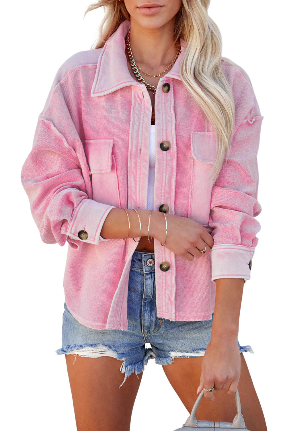 Pink Turn-Down Collar Pockets Shirt Jacket