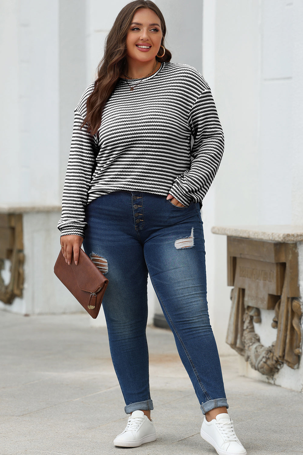 Stripe Round Neck Drop Shoulder Long Sleeve Top