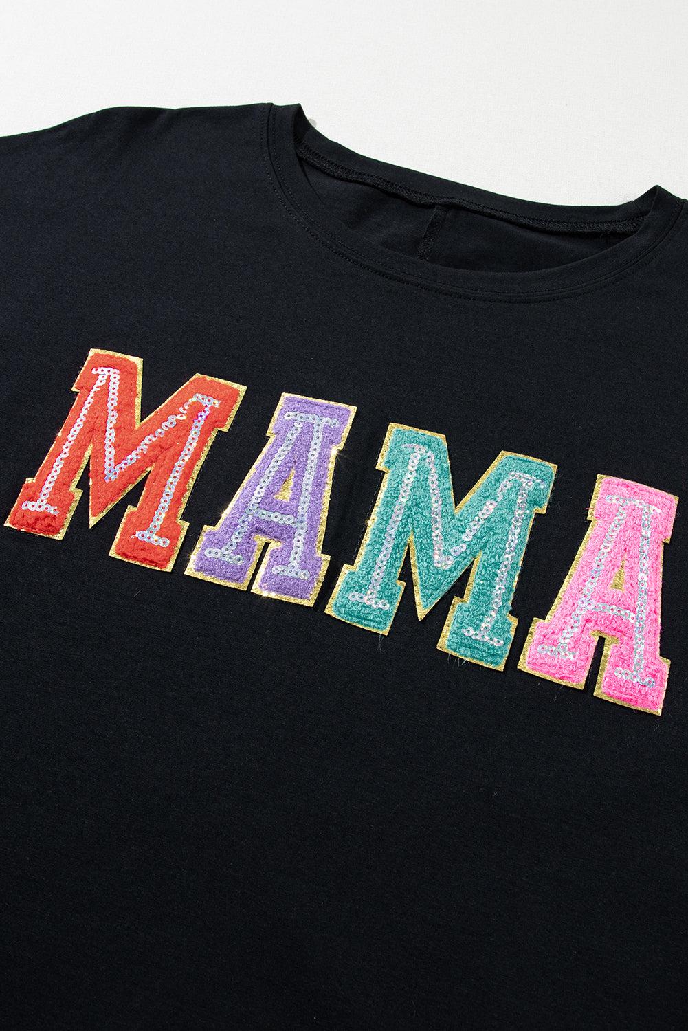 Multicolor MAMA Chenille Patched Crew Neck T Shirt