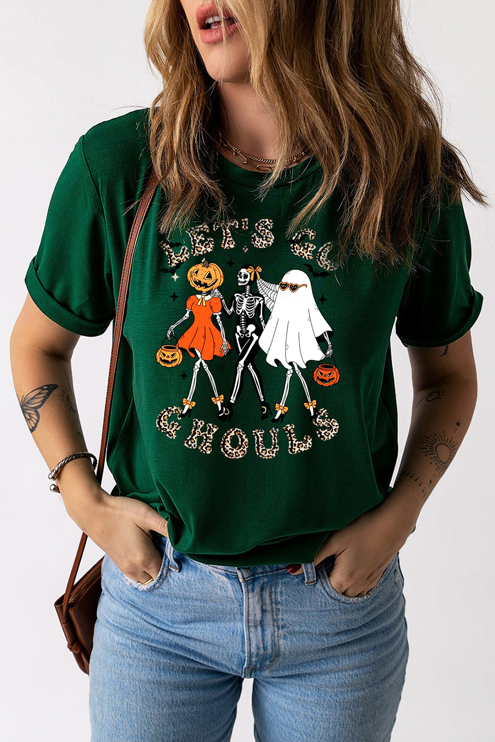 Halloween Plain Round Neck Pumpkin Skull Ghost Pattern Pullover Short Sleeve