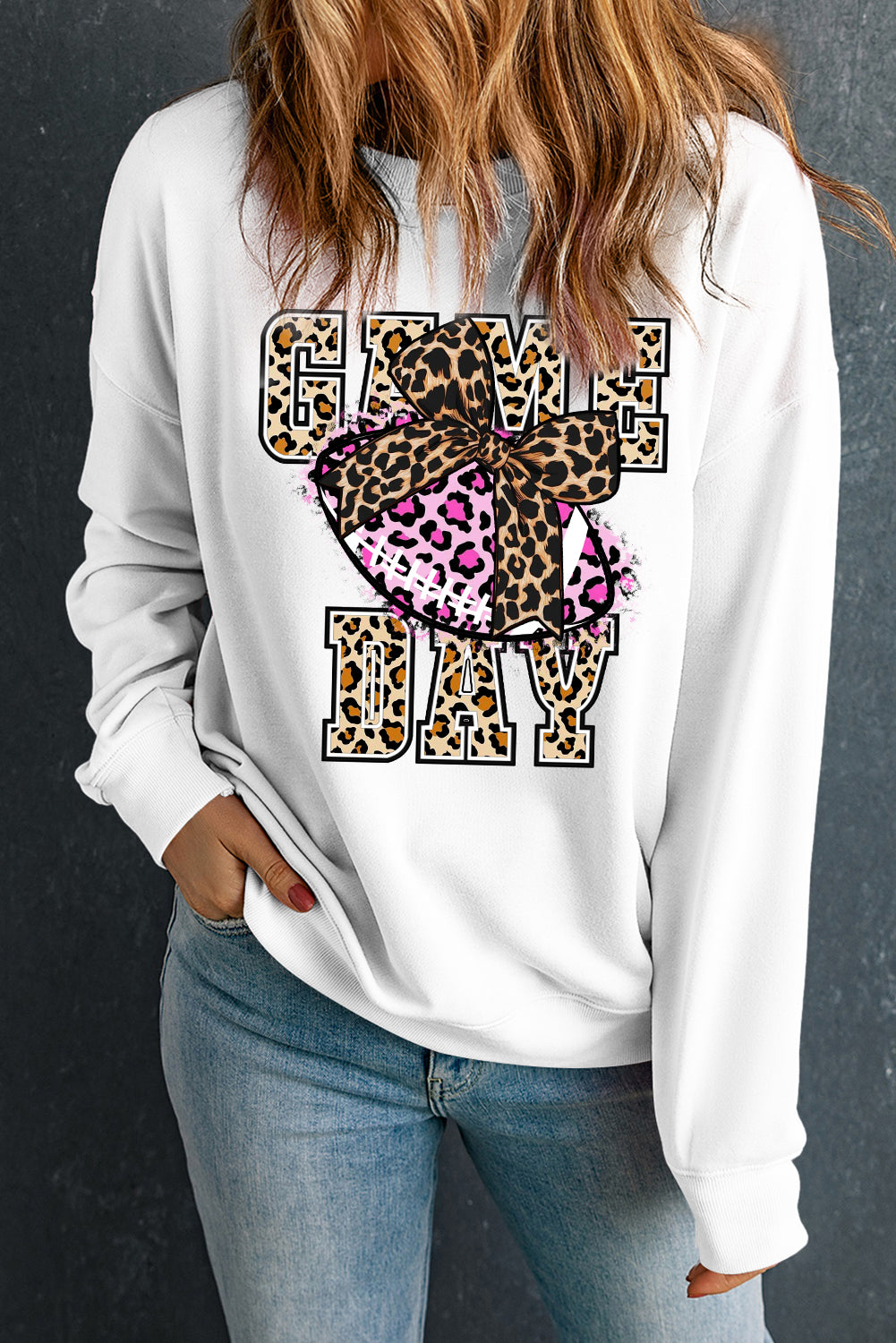 Dame Day Plain Round Neck Bow Rugby Pattern Pullover Sweatshirt