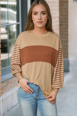 Flaxen Colorblock Striped Bishop Sleeve Top