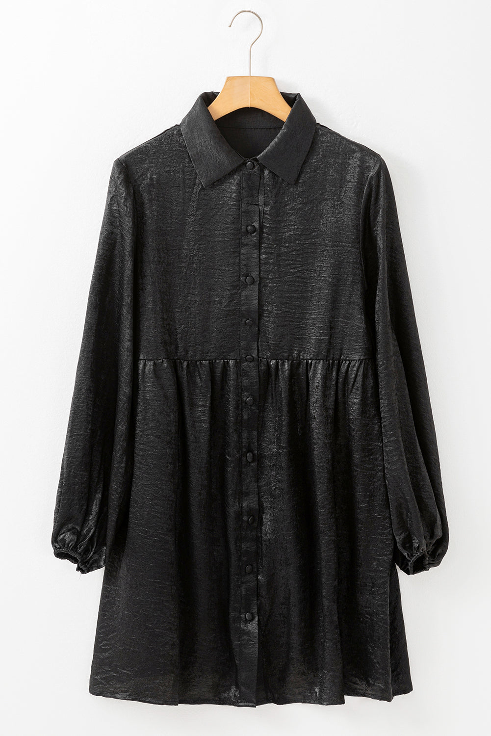 Metallic Sheen Puff Sleeve Button Up Mini Shirt Dress