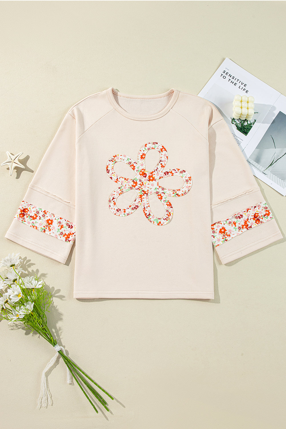 Flower Patch Graphic Exposed Seam Wide Sleeve Top