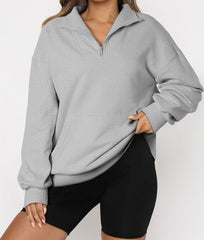 Gray Zipped Funnel Neck Kangaroo Pocket Sweatshirt