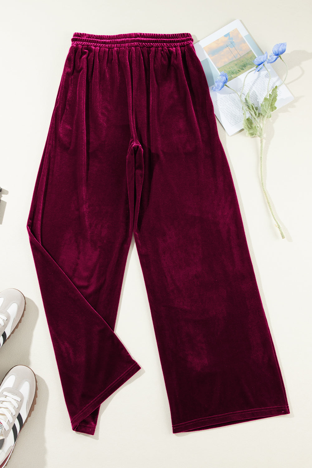 Solid Drawstring Waist Wide Leg Pants