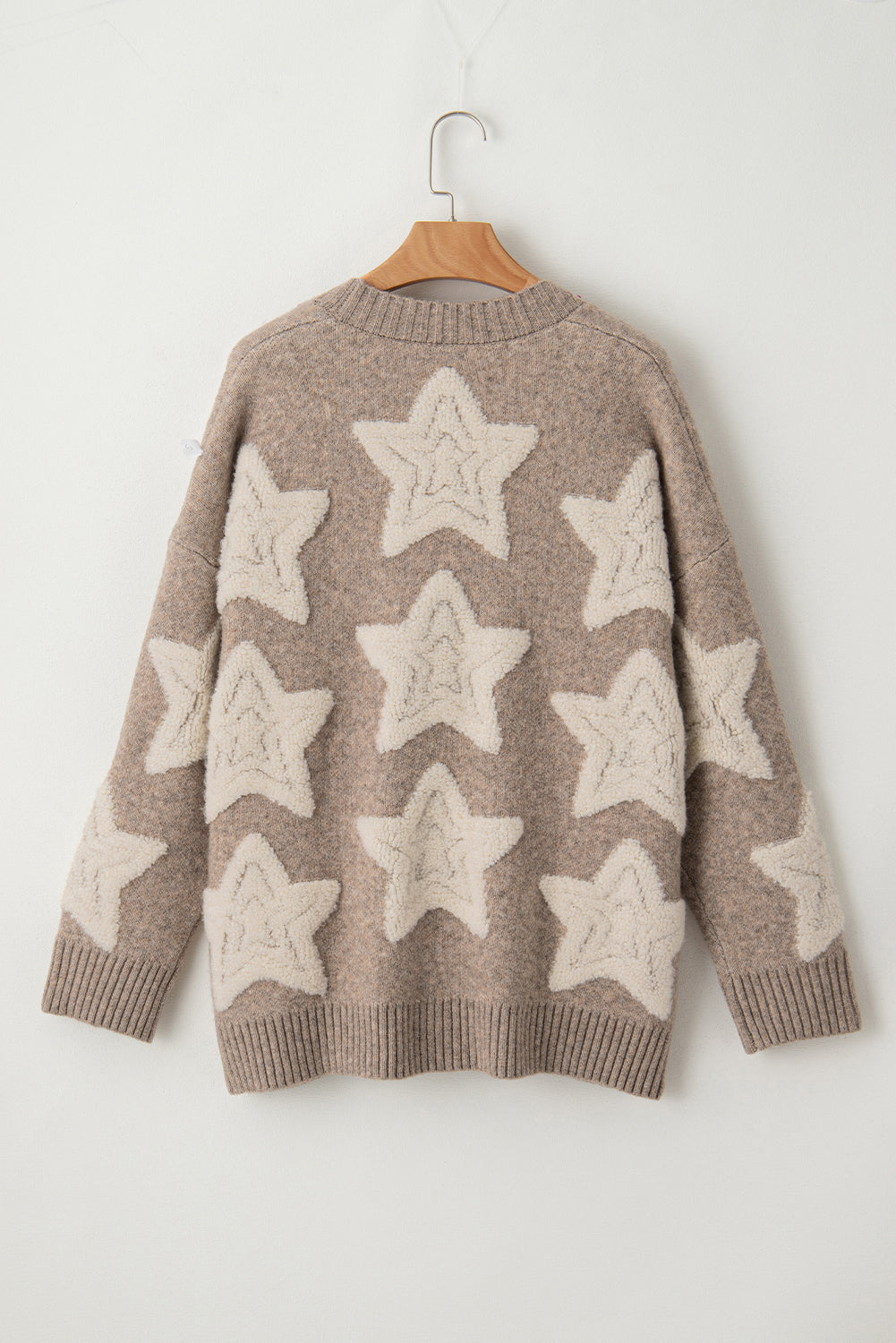 Star Pattern Textured Sweater Cardigan with Pockets