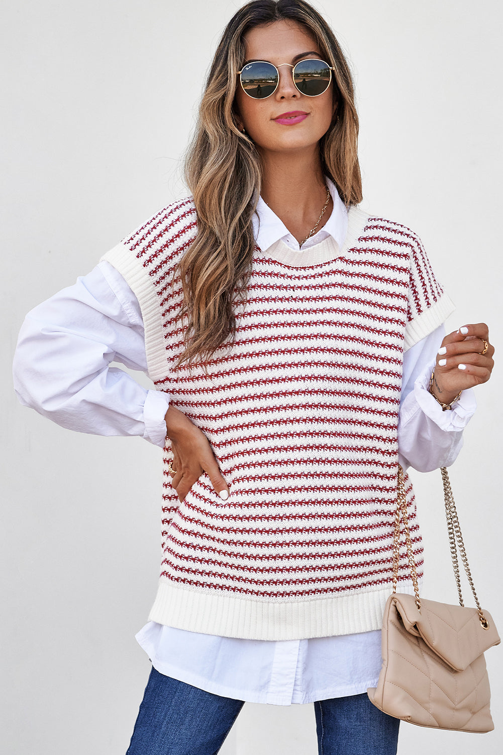 Stripe Ribbed Trim Loose Fit Knitted Sweater Vest