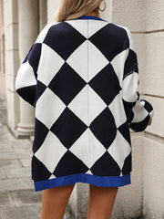 V-neck Rhombus Splicing Contrasting Color Loose Knitted Cardigan Jacket