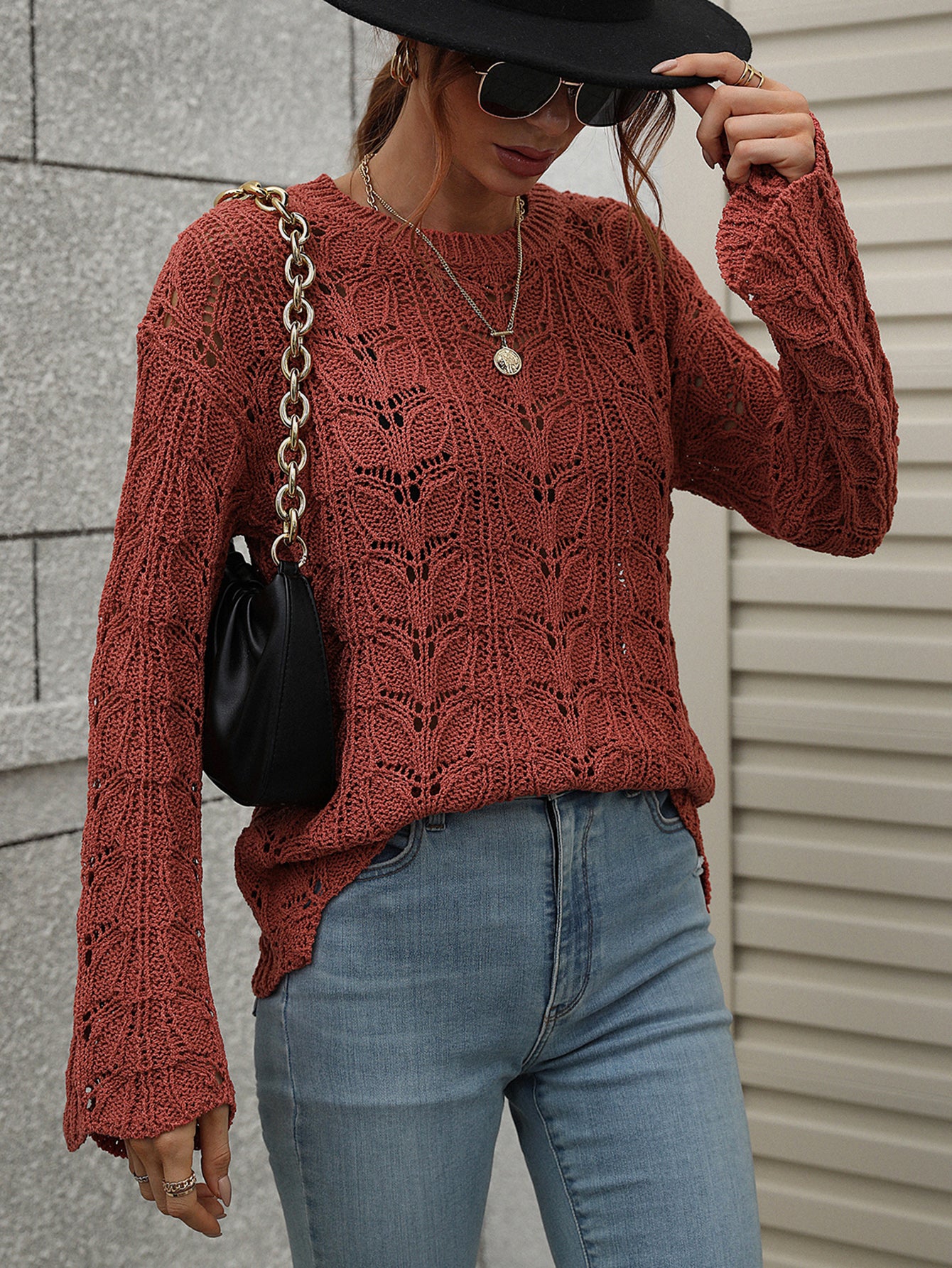 Knit Solid Color Hook Hollow Pullover Round Neck Sweater