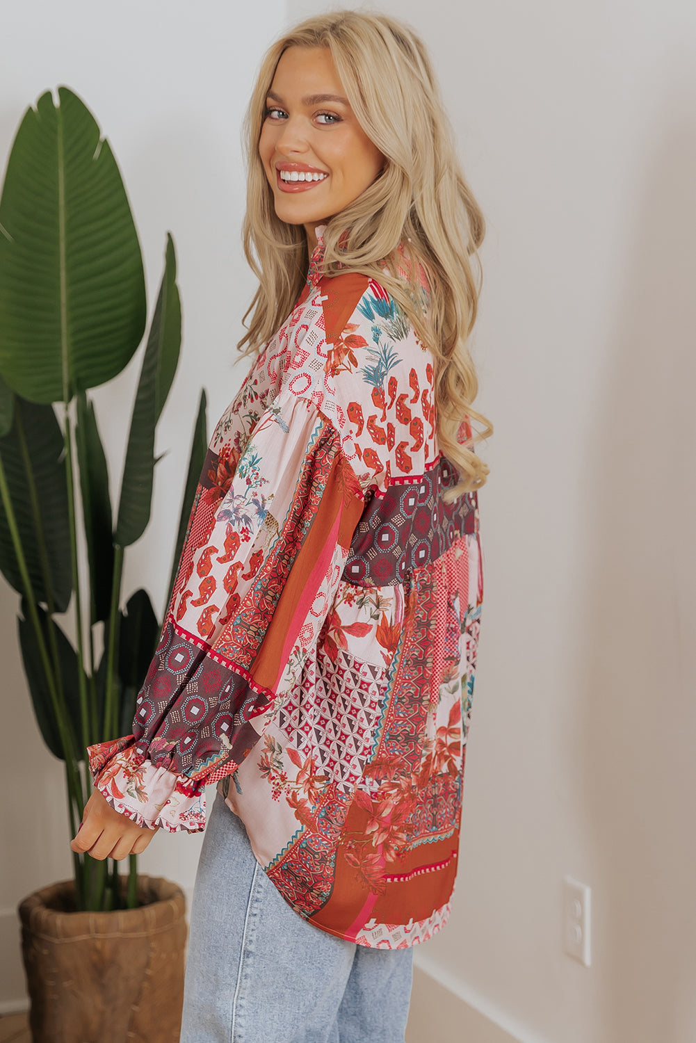 Red Boho Geometric Mixed Print Patchwork Bubble Sleeve Shirt