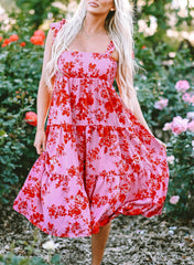 Pink Tie Shoulder Straps Tiered Floral Dress