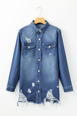 Mineral Wash Distressed Frayed Long Denim Jacket