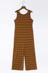 Brown Striped Sleeveless Wide Leg Jumpsuit