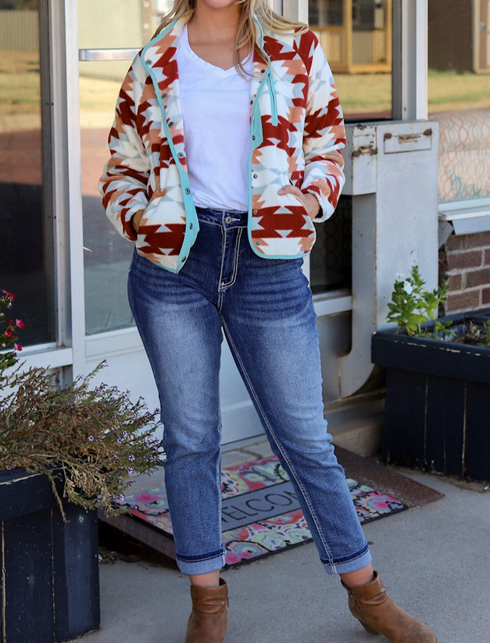 Fiery Red Western Aztec Buttoned Zipper Pockets Fleece Jacket