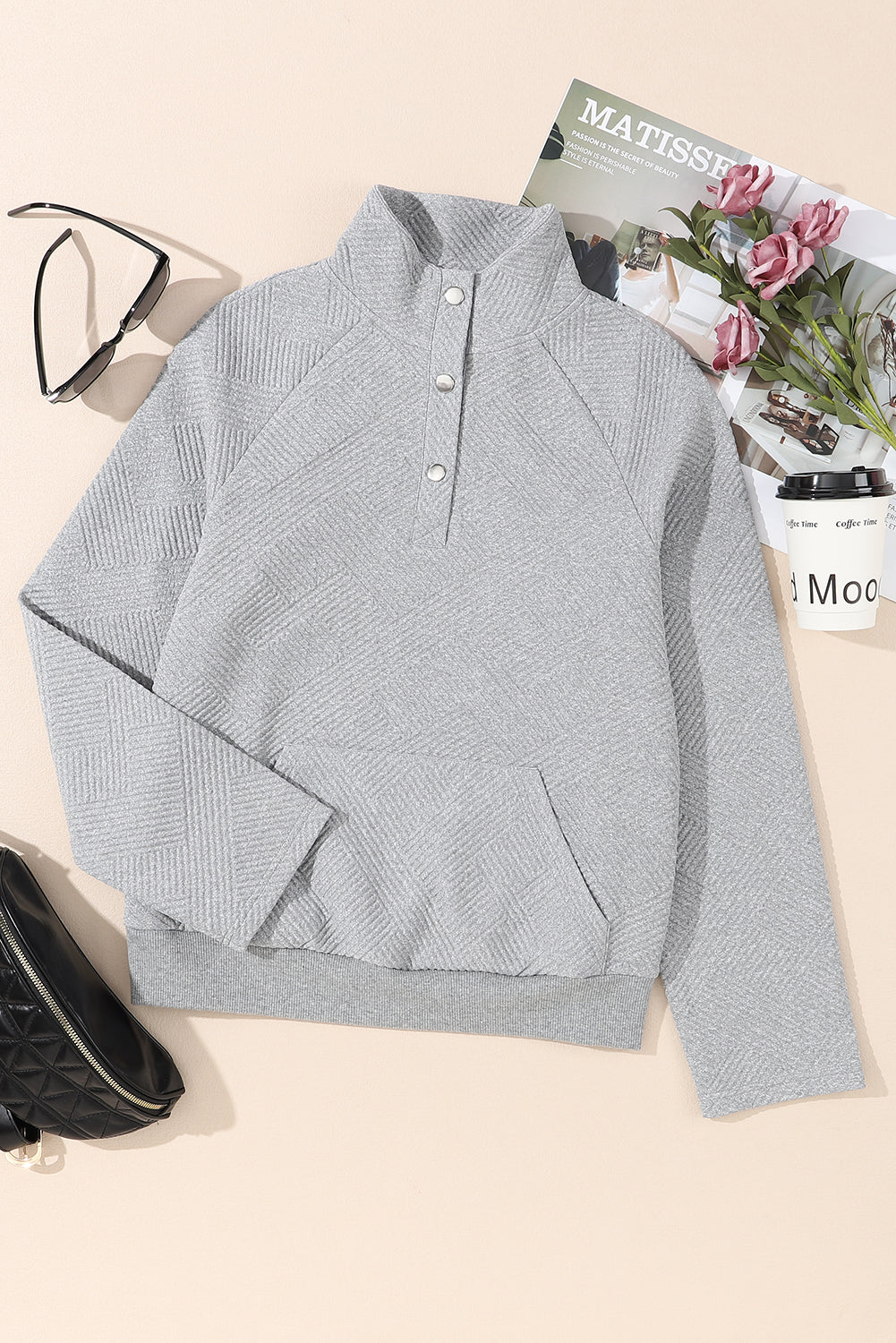 Solid Color Textured Knit Buttoned Kangaroo Pocket Sweatshirt