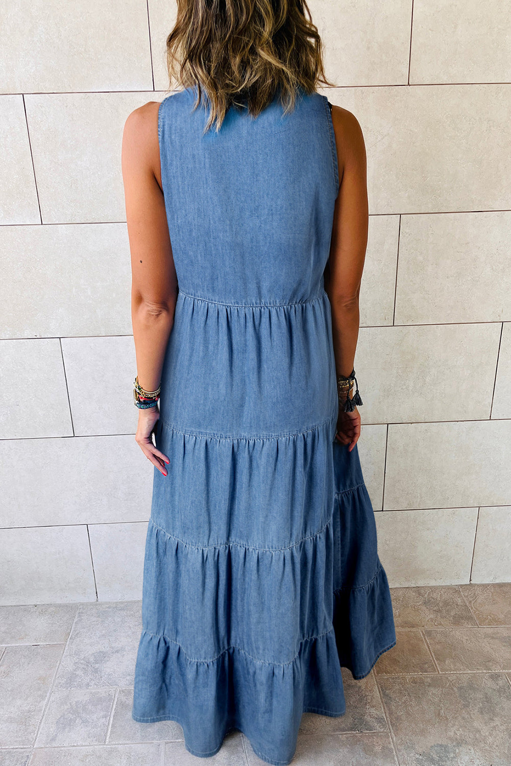 Solid Color Sleeveless Tiered Chambray Maxi Dress