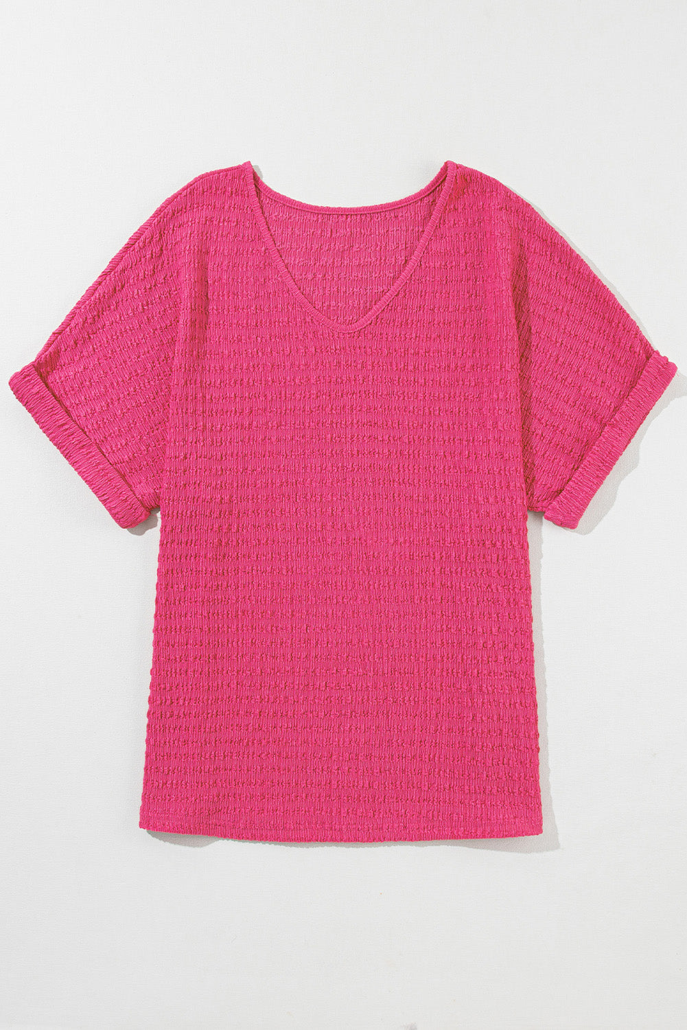 Soild color Textured Rolled Sleeve V Neck Tee