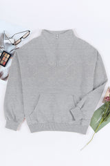 Gray Zipped Funnel Neck Kangaroo Pocket Sweatshirt