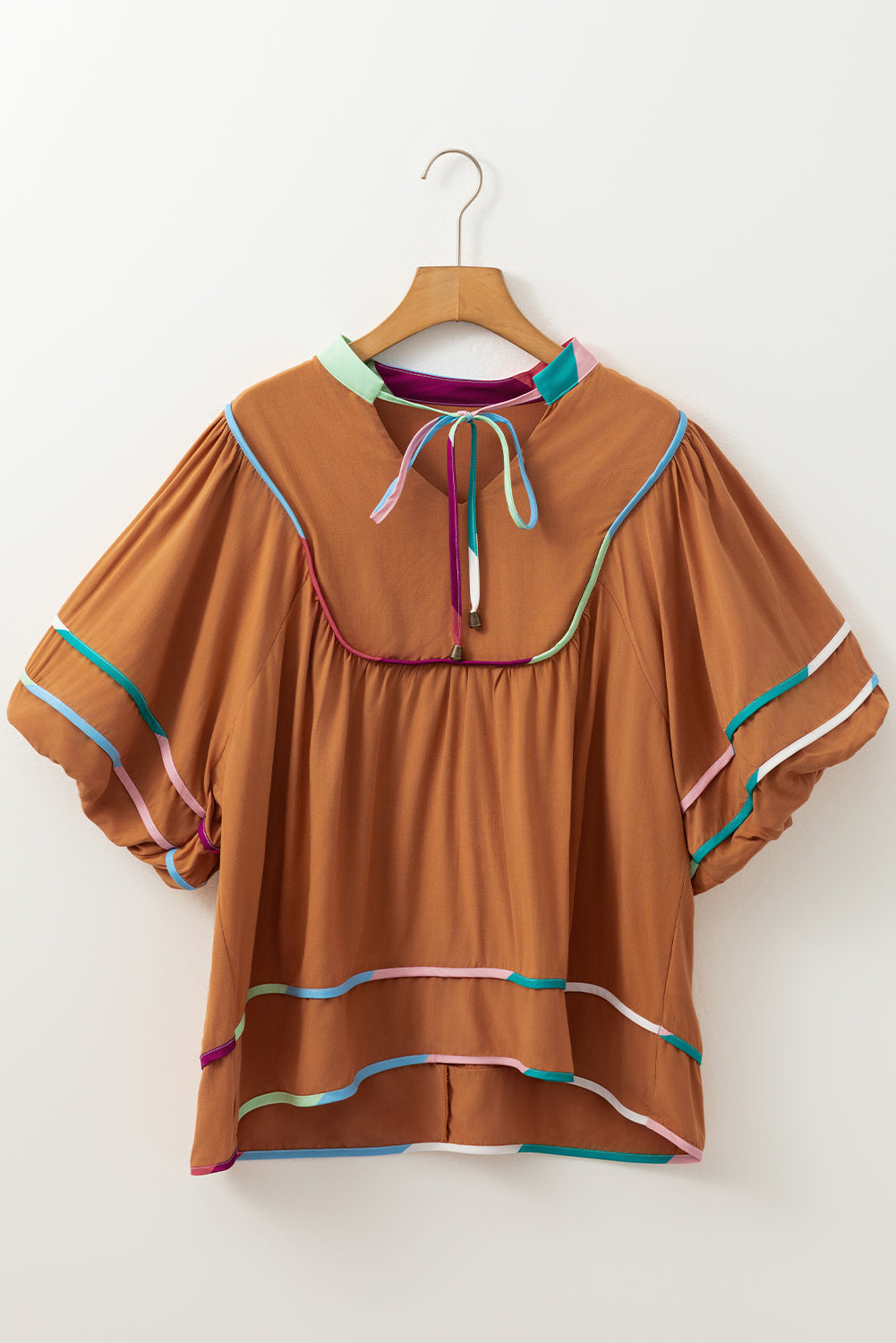 Thai Curry Colorful Trim Wide Short Sleeve V Neck Blouse