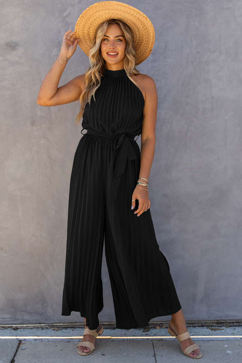 Women's Halter Neck Pleated Wide Leg Jumpsuit with Belt