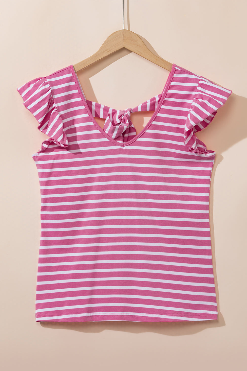 Stripe Butterfly Sleeve V Neck Hollowed Knot Back T Shirt