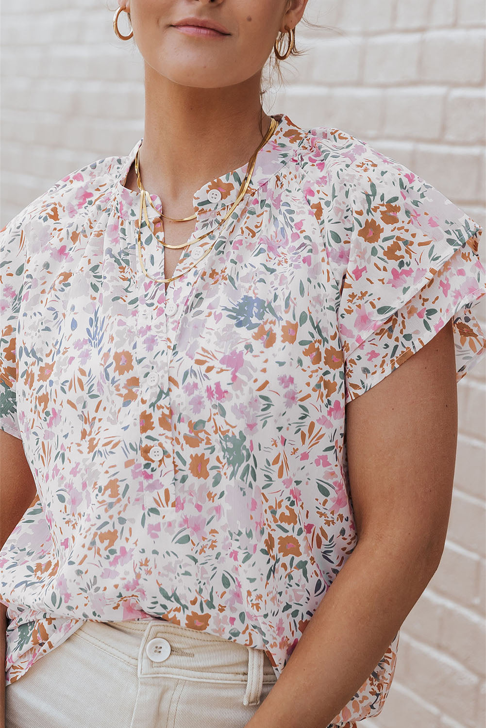 Multicolor Floral Mandarin Collar Top