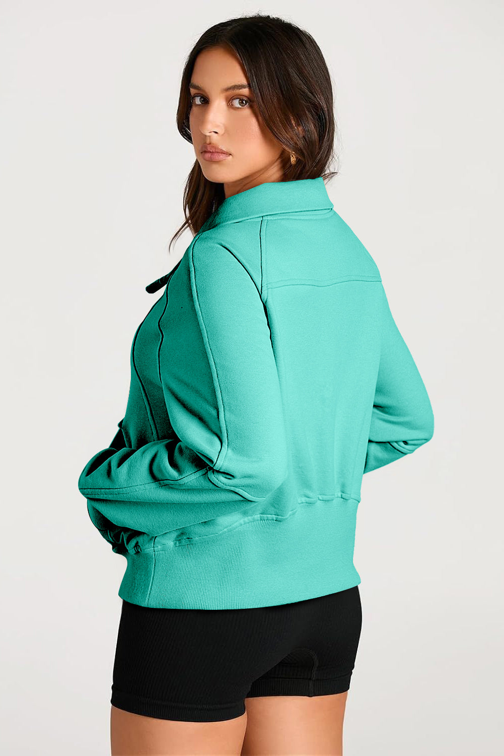 Solid Color Quarter Zip Stand Neck Kangaroo Pocket Sweatshirt