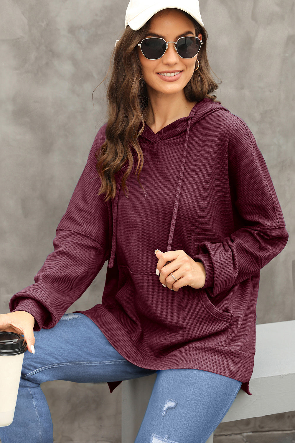 Waffle Knit Fleece Lined High Low Oversized Hoodie