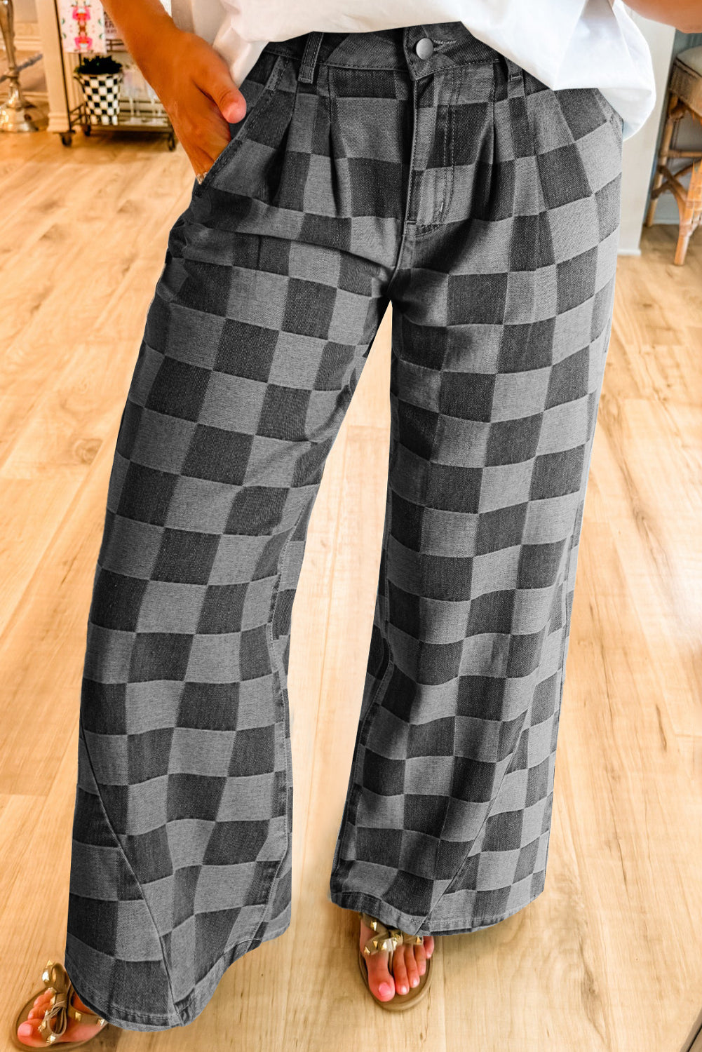 Solid Color Checkered Denim Wide Leg Jeans