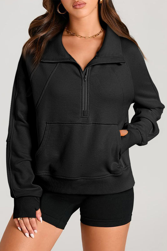 Solid Color Quarter Zip Stand Neck Kangaroo Pocket Sweatshirt