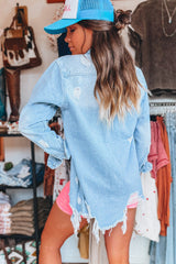 Mineral Wash Distressed Frayed Long Denim Jacket