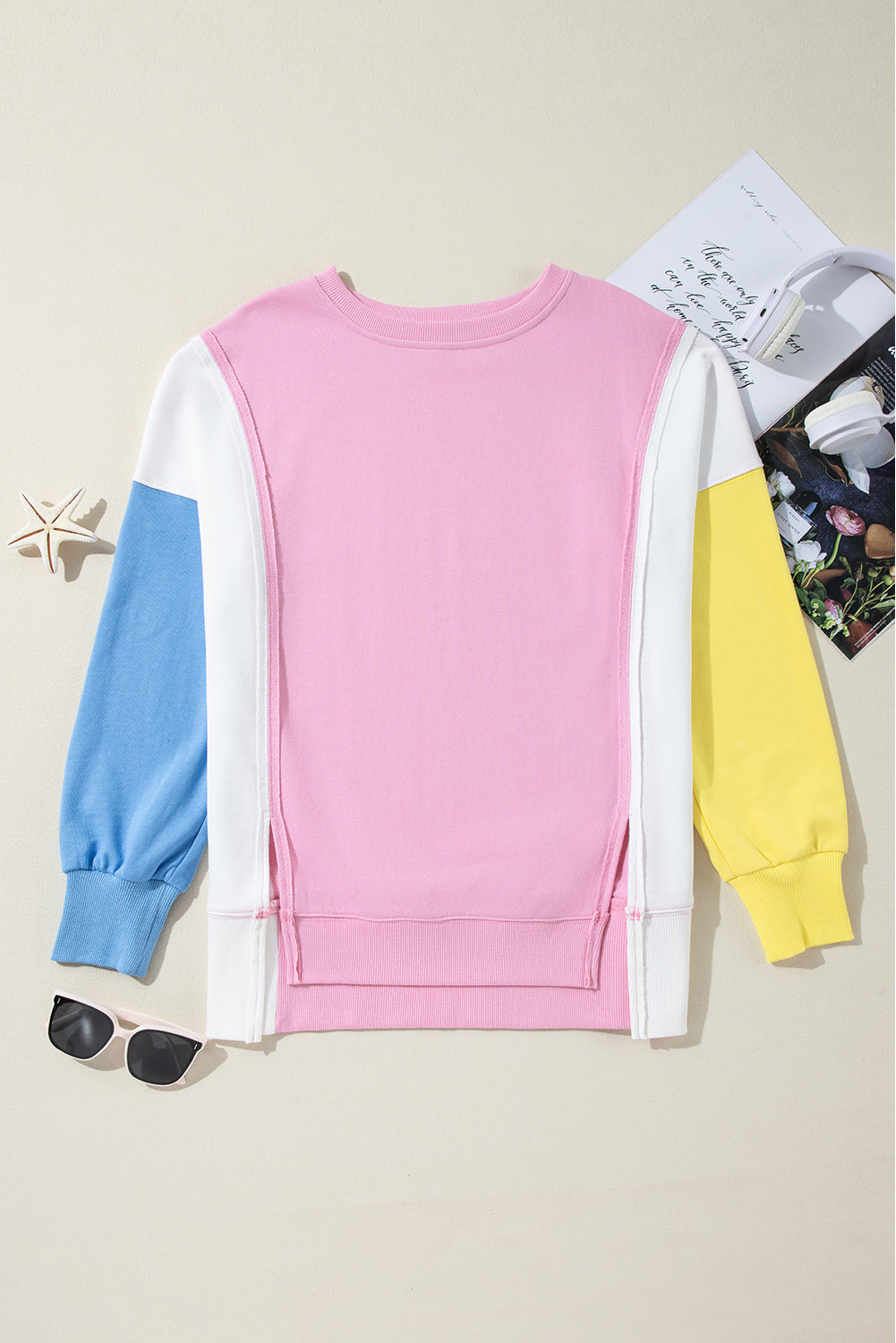 Block Exposed Seam Side Slits Crewneck Sweatshirt