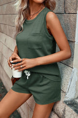 Mist Green Waffle Knit Patched Pocket Tank And Shorts Set