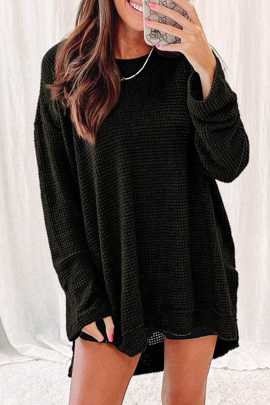 Waffle Knit High Slits Oversized Top