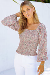 Apricot Square Neck Puff Sleeve Floral Smocked Top