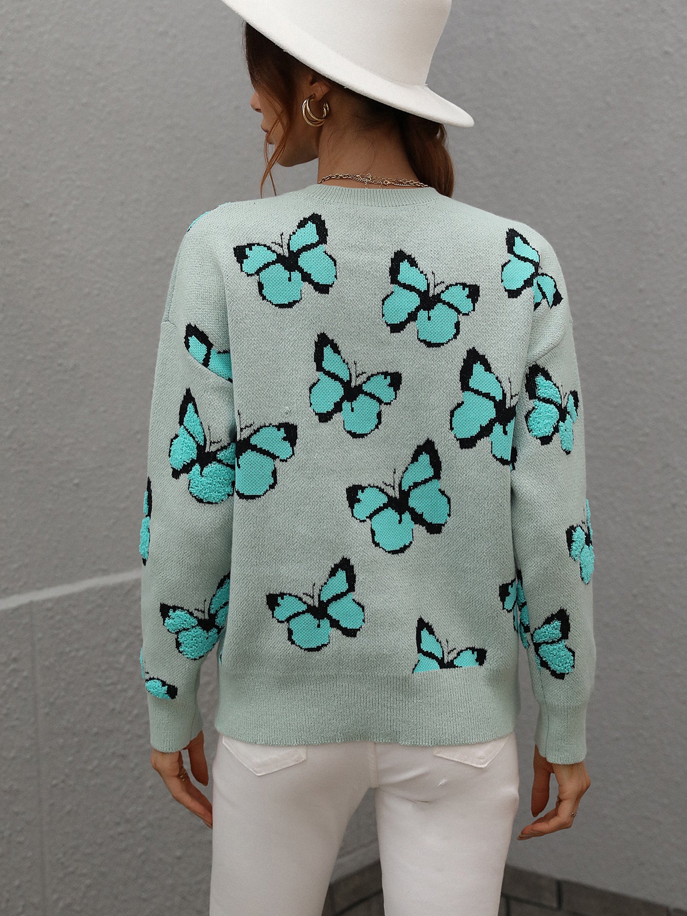 Casual Butterfly Printed Pullover Long Sleeves Knitted Tops