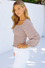 Apricot Square Neck Puff Sleeve Floral Smocked Top