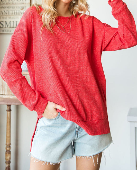 Waffle Knit Side Slit Pullover Top