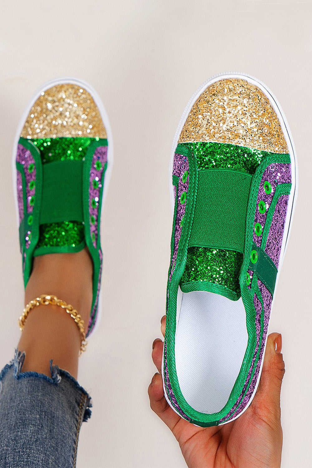 Green Sequin Color Block Slip-on Flat Shoes