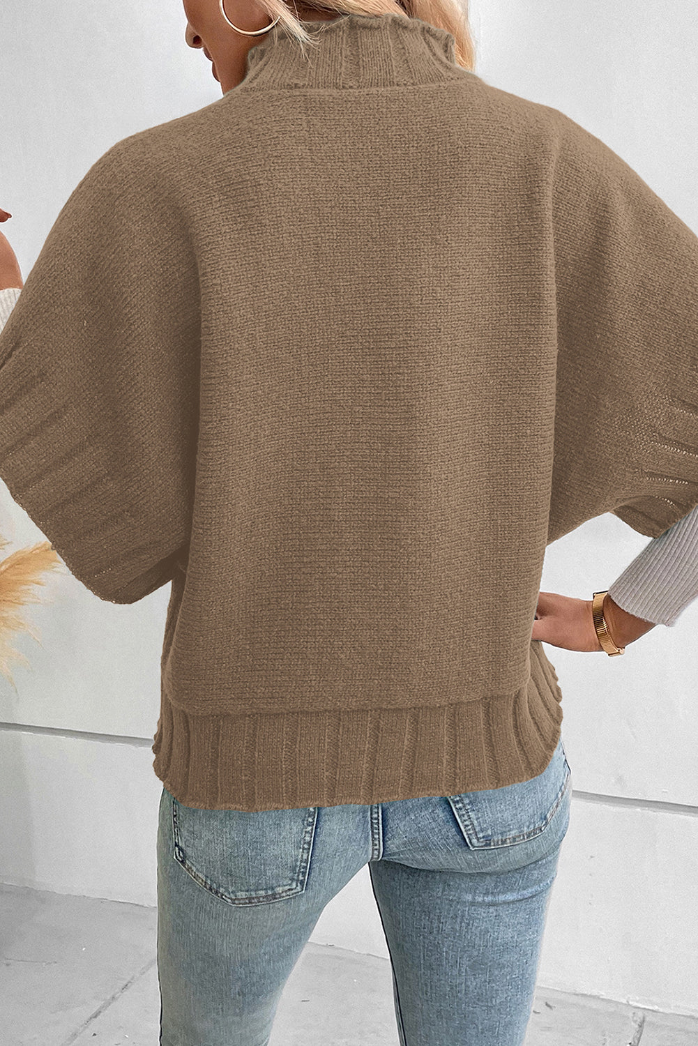 Mock Neck Batwing Short Sleeve Knit Sweater