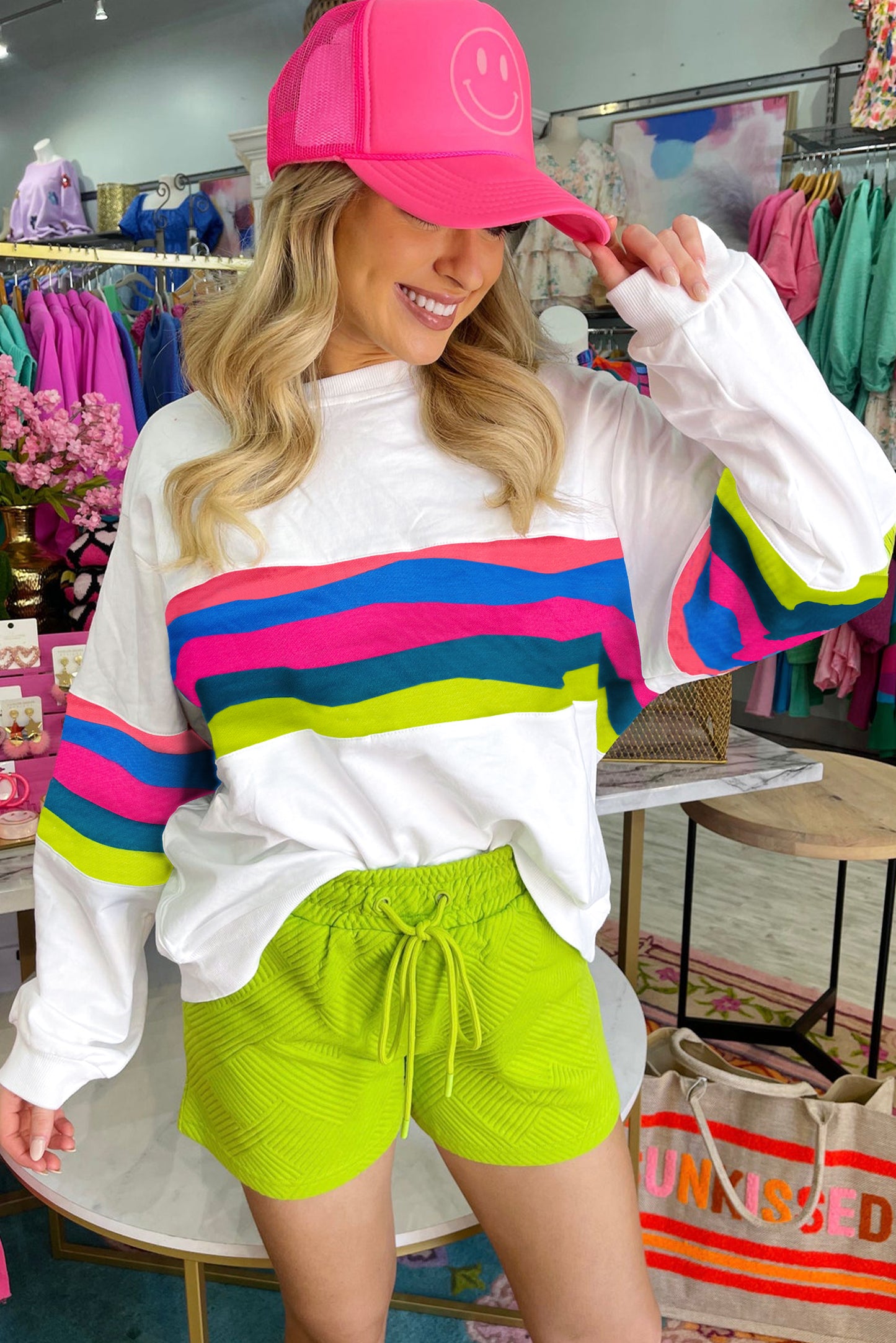 Colorful Striped Accent Long Sleeve T Shirt