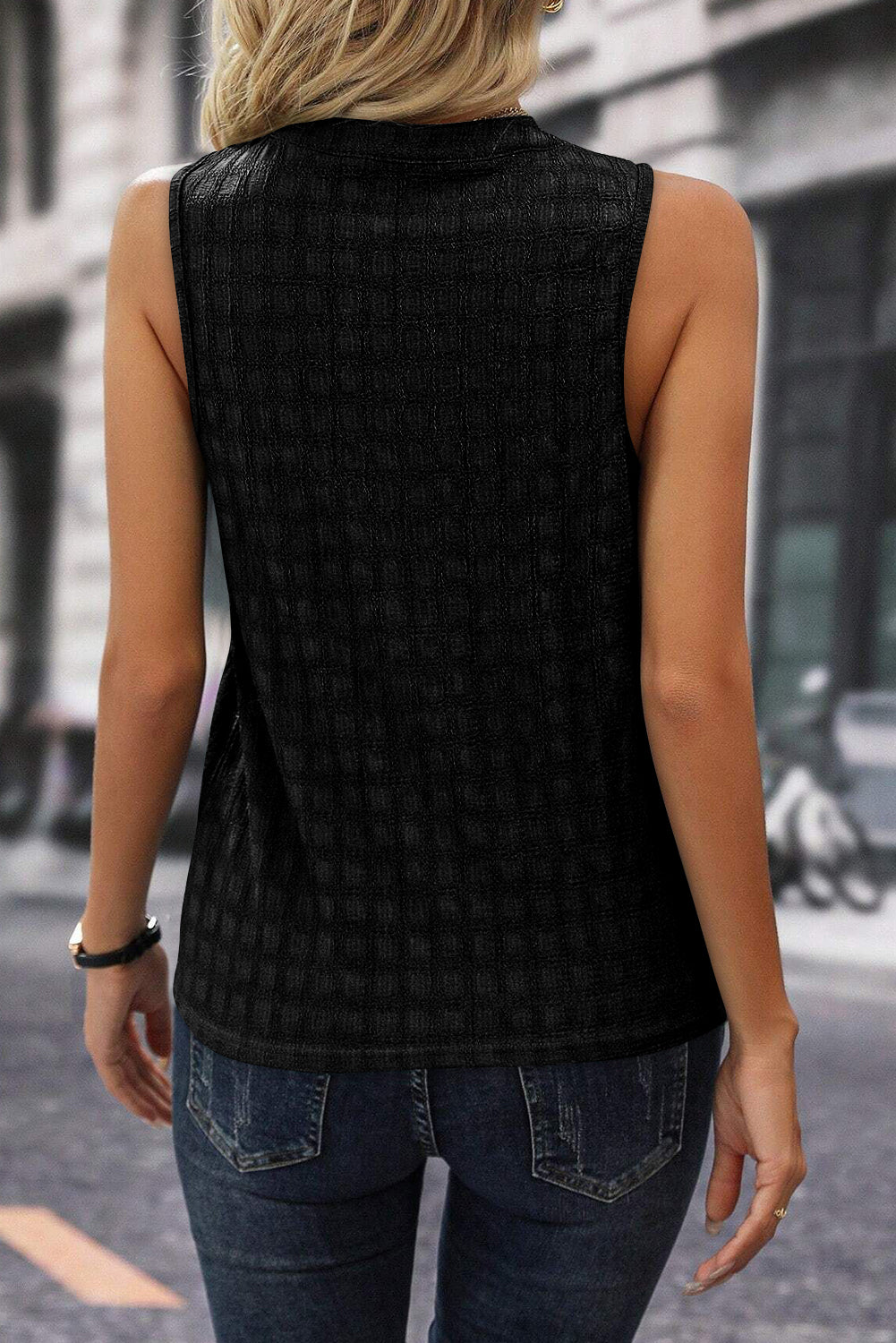 Lattice Textured Split Neck Tank Top