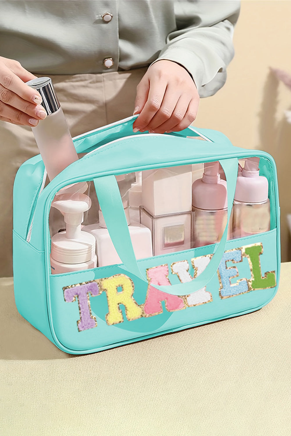 Parchment TRAVEL Chenille Letter Clear PVC Makeup Bag