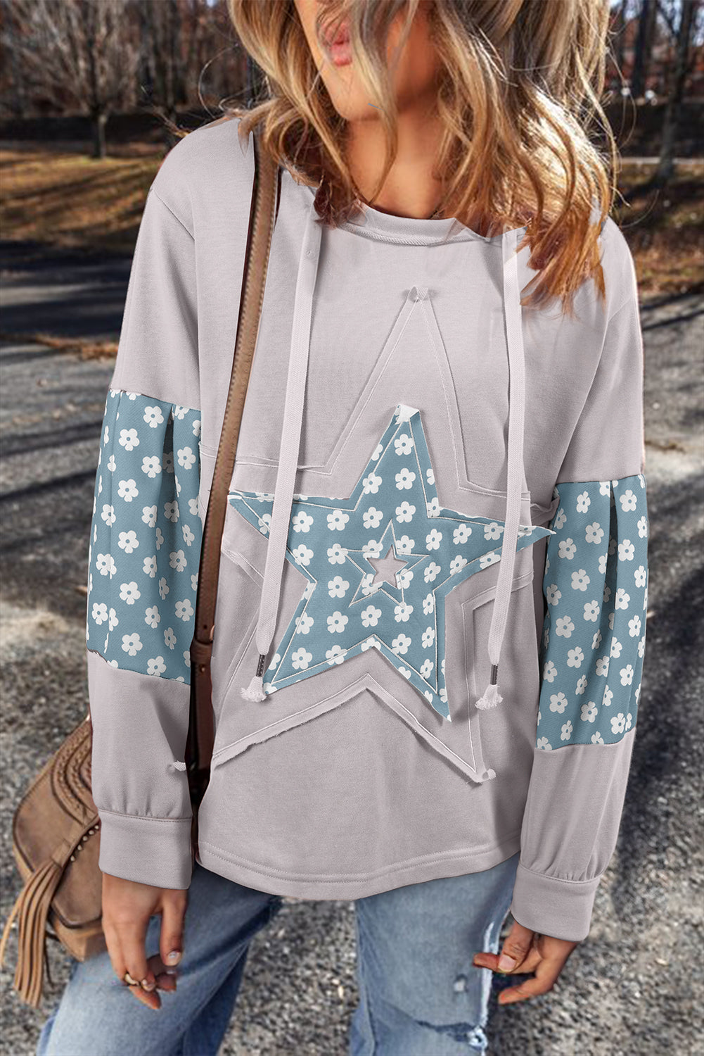 Delicacy Floral Patchwork Star Pattern Drawstring Hoodie