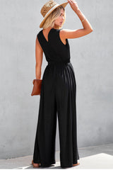 Women's Deep V Pleated Crisscross Wide Leg Backless Jumpsuit