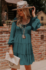 Smocked Crew Neck Elastic Waist Flowy Tiered Mini Dress