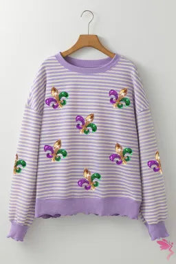 Purple Stripe Sequin Fleur de Lis Patched Pattern Long Sleeve Top