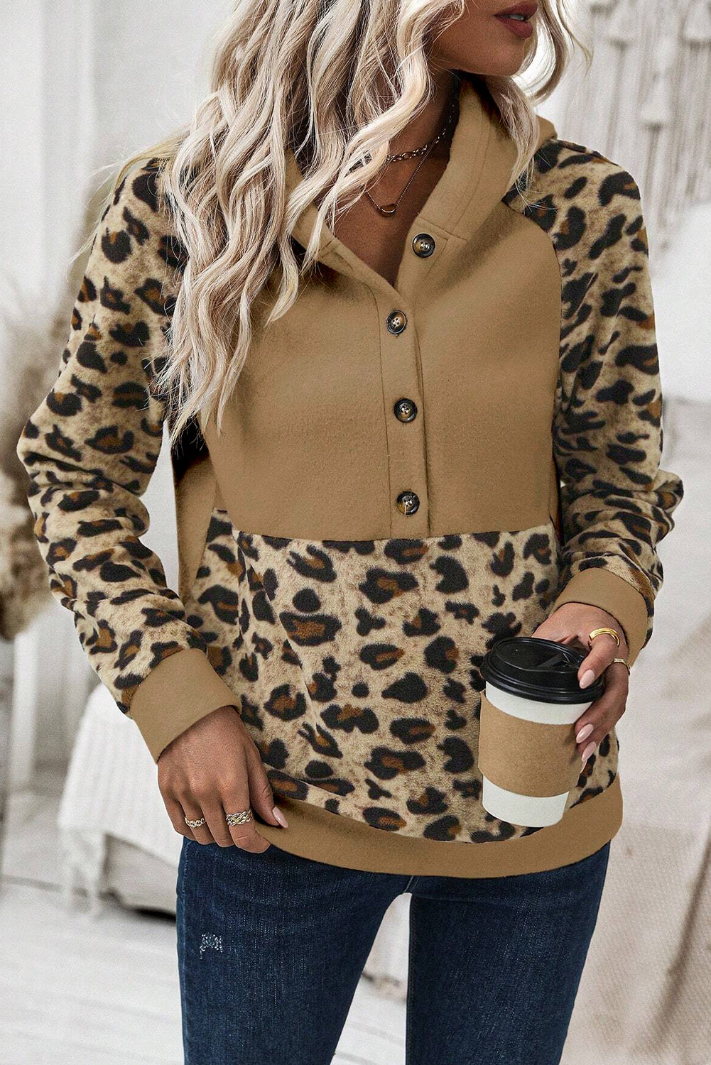 Leopard Print Patchwork Raglan Sleeve Half Buttons Hoodie