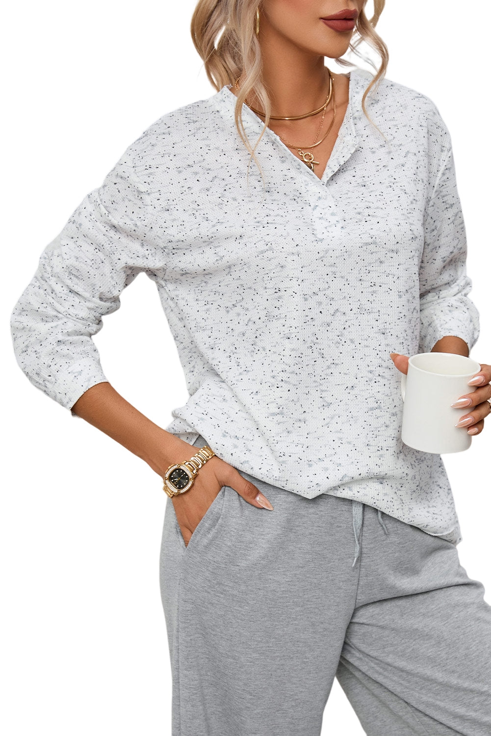 Gray Slouchy?Heather Rib Knit Long Sleeve Henley Top